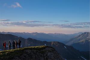 5 hikers are standing on a mountain peak