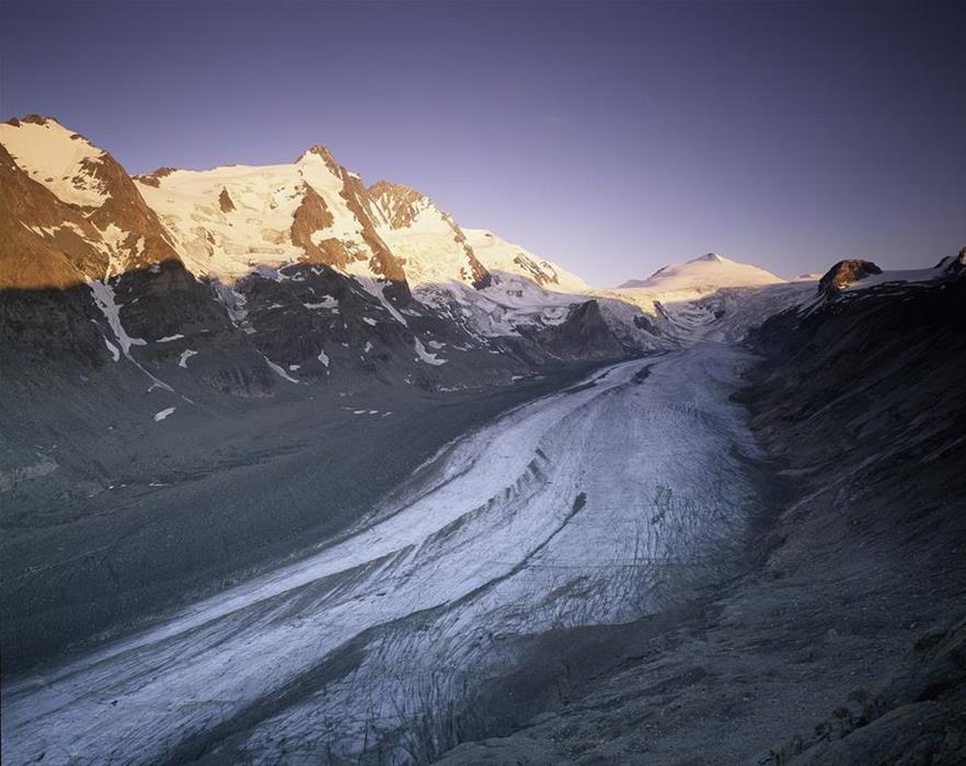 The glacier called Pasterze with the Großglockner in the Background which is in the sunset